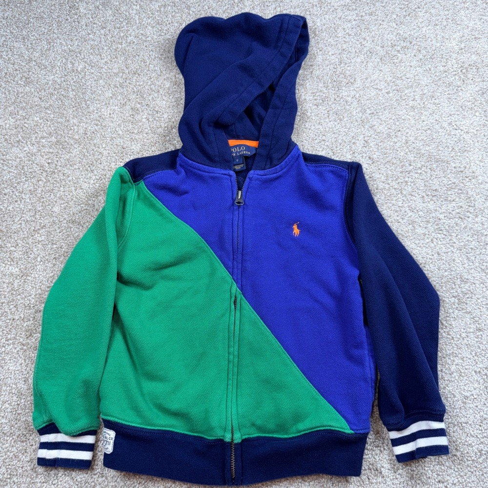 Polo Ralph Lauren Boys Size 5 Colorblock Full Zip Hoodie Blue Green Fleece Pony